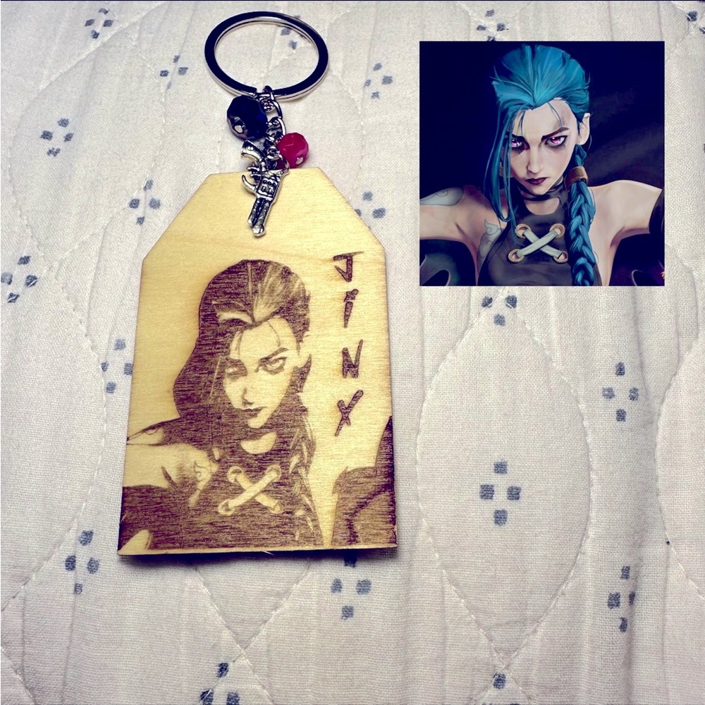 Arcane Inspired Jinx Laser Engraved Wood Keychain Purse Phone Bag Charm Charms